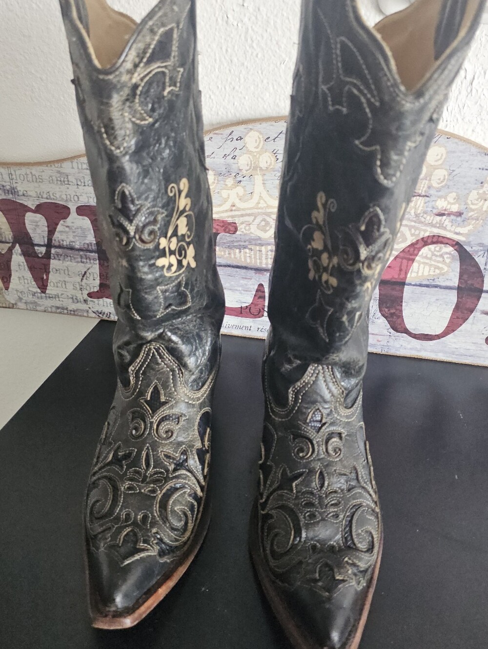 CORRAL VINTAGE LIZARD INLAY SZ 7.5 Black Embroidered Leather Western Boots